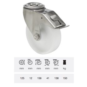   BXPN 1255 1000, Forgó-fékes kerék, (poliamid) műanyag futófelület, rozsdamentes villába szerelve, 125 mm, 150 kg teherbírás, furatos felfogatás