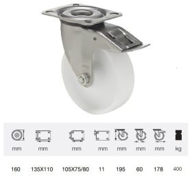   BXPN 1603 1100, Forgó-fékes kerék, (poliamid) műanyag futófelület, rozsdamentes villába szerelve, 160 mm, 400 kg teherbírás, talpas felfogatás