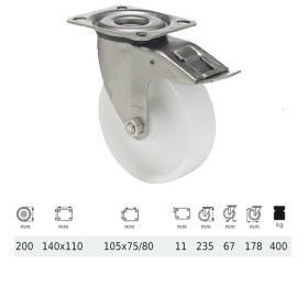  BXPN 2003 1100, Forgó-fékes kerék, (poliamid) műanyag futófelület, rozsdamentes villába szerelve, 200 mm, 400 kg teherbírás, talpas felfogatás