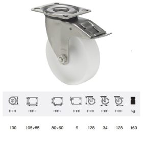   BXPP 1001 1000, Forgó-fékes kerék, (polipropilén) műanyag futófelület, rozsdamentes villába szerelve,100 mm, 160 kg teherbírás, talpas felfogatás