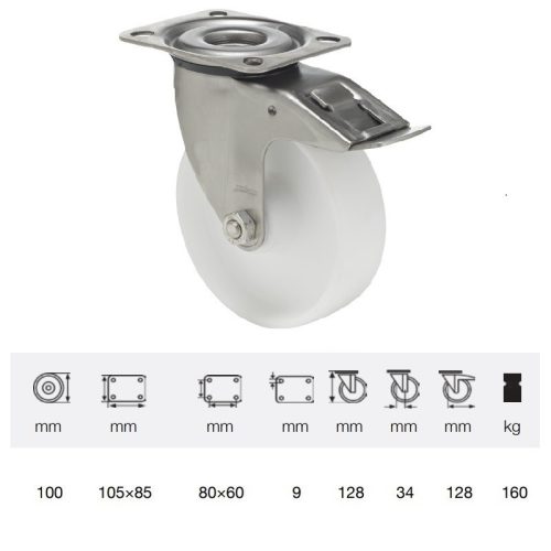 BXPP 1001 1000, Forgó-fékes kerék, (polipropilén) műanyag futófelület, rozsdamentes villába szerelve,100 mm, 160 kg teherbírás, talpas felfogatás