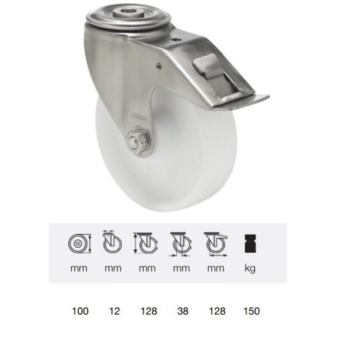 BXPP 1005 1000, Forgó-fékes kerék, (polipropilén) műanyag futófelület, rozsdamentes villába szerelve, 100 mm, 160 kg teherbírás, furatos felfogatás