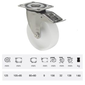   BXPP 1251 1000, Forgó-fékes kerék, (polipropilén) műanyag futófelület, rozsdamentes villába szerelve, 125 mm, 180 kg teherbírás, talpas felfogatás