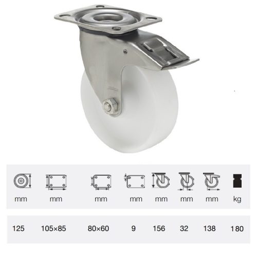 BXPP 1251 1000, Forgó-fékes kerék, (polipropilén) műanyag futófelület, rozsdamentes villába szerelve, 125 mm, 180 kg teherbírás, talpas felfogatás