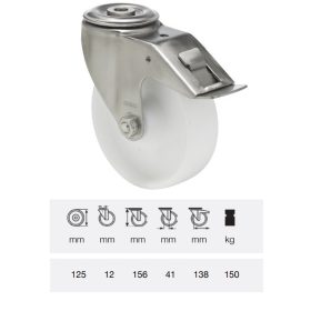   BXPP 1255 1000, Forgó-fékes kerék, (polipropilén) műanyag futófelület, rozsdamentes villába szerelve, 125 mm, 180 kg teherbírás, furatos felfogatás