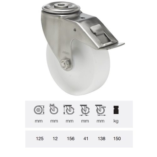 BXPP 1255 1000, Forgó-fékes kerék, (polipropilén) műanyag futófelület, rozsdamentes villába szerelve, 125 mm, 180 kg teherbírás, furatos felfogatás