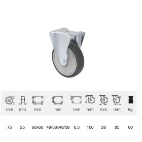   FDPC_0751_5000 Fix kerék, elektromosan vezető, 75 mm, 60 kg teherbírás, talplemezes felfogatás