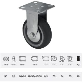   FDPE 0501 1001, Fix kerék, 50 mm, 40 kg teherbírás, talpas felfogatás