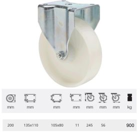   FHPN 2003 6000, Nagy teherbírású fix kerék, (poliamid) műanyag futófelület, horganyzott villába szerelve, 200 mm, 900 kg teherbírás