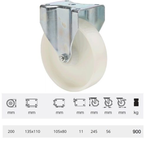 FHPN 2003 6000, Nagy teherbírású fix kerék, (poliamid) műanyag futófelület, horganyzott villába szerelve, 200 mm, 900 kg teherbírás