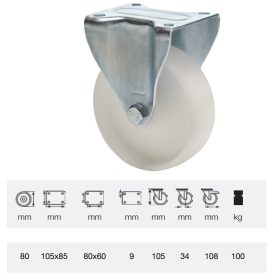   FPPP 0801 1000, Fix kerék, (polipropilén) műanyag futófelület, horganyzott villába szerelve, 80 mm, 150 kg teherbírás, talpas felfogatás