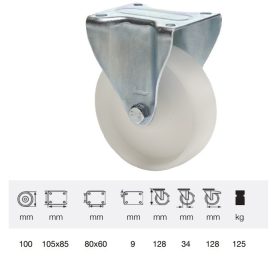   FPPP 1001 1000, Fix kerék, (polipropilén) műanyag futófelület, horganyzott villába szerelve, 100 mm, 150 kg teherbírás, talpas felfogatás