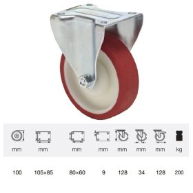  FPPU 1001 5100, Fix kerék, Poluretán futófelülettel, horganyzott villába szerelve, 100 mm, 150 kg teherbírás, talpas felfogatás