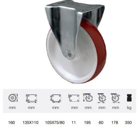   FPPU 1603 2100, Fix kerék, Poluretán futófelülettel, horganyzott villába szerelve, 160 mm, 300 kg teherbírás, talpas felfogatás