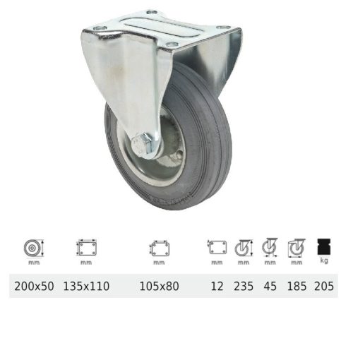 FPSG 2003 2000 W, Fix kerék, szürke (nyommentes) gumi futófelület, 200 mm, 205 kg teherbírás, talpas felfogatás