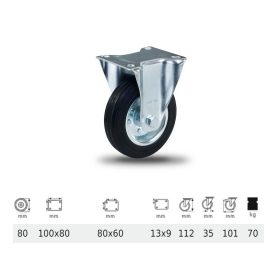   FPSM 0801 2000 L, Fix kerék, fekete gumi futófelület, 80 mm, 70 kg teherbírás, talpas felfogatás
