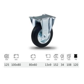   FPSM 1251 2000 L, Fix kerék, fekete gumi futófelület, 125 mm, 120 kg teherbírás, talpas felfogatás