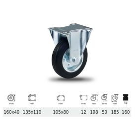   FPSM 1603 2000 W, Fix kerék, fekete gumi futófelület, 160 mm, 160 kg teherbírás, talpas felfogatás