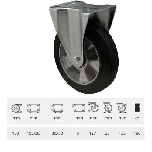 FTAB 1001 6150, FIx kerék, horganyzott villába szerelve, fekete tömörgumi futófelülettel, 100 mm, 180 kg, talpas felfogatás