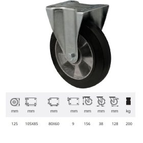   FTAB 1252 6150, FIx kerék, horganyzott villába szerelve, fekete tömörgumi futófelülettel, 125 mm, 200 kg, talpas felfogatás