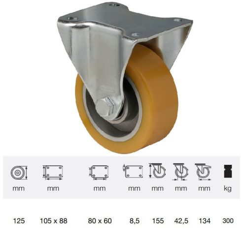 FTAU 1252 6150, Fix kerék, Poluretán futófelülettel, horganyzott villába szerelve, 125 mm, 300 kg teherbírás, talpas felfogatás