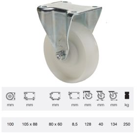   FTPN 1002 5100, Fix kerék, (poliamid) műanyag futófelület, horganyzott villába szerelve, 100 mm, 250 kg teherbírás, talpas felfogatás