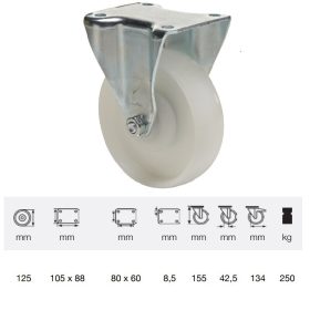   FTPN 1252 5100, Fix kerék, (poliamid) műanyag futófelület, horganyzott villába szerelve, 125 mm, 250 kg teherbírás, talpas felfogatás