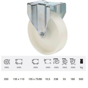   FTPN 1603 6100, Fix kerék, (poliamid) műanyag futófelület, horganyzott villába szerelve, 160 mm, 500 kg teherbírás, talpas felfogatás
