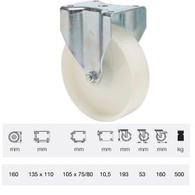   FTPN 2003 6100, Fix kerék, (poliamid) műanyag futófelület, horganyzott villába szerelve, 200 mm, 500 kg teherbírás, talpas felfogatás