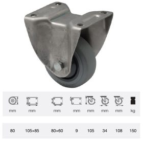  FXPF 0801 7100, Fix kerék, rozsdamentes villába szerelve, prémium PERFORMA tömörgumi futófelület, 80 mm, 150 kg teherbírás, talpas felfogatás