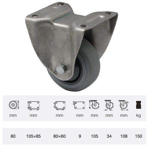 FXPF 0801 7100, Fix kerék, rozsdamentes villába szerelve, prémium PERFORMA tömörgumi futófelület, 80 mm, 150 kg teherbírás, talpas felfogatás