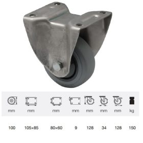   FXPF 1001 7100, Fix kerék, rozsdamentes villába szerelve, prémium PERFORMA tömörgumi futófelület, 100 mm, 150 kg teherbírás, talpas felfogatás