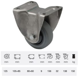   FXPF 1251 7100, Fix kerék, rozsdamentes villába szerelve, prémium PERFORMA tömörgumi futófelület, 125 mm, 150 kg teherbírás, talpas felfogatás