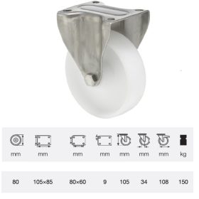   FXPN 0801 1100, Fix kerék, (poliamid) műanyag futófelület, rozsdamentes villába szerelve, 80 mm, 150 kg teherbírás, talpas felfogatás