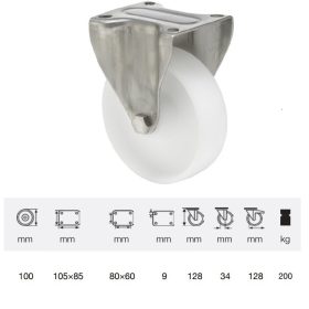   FXPN 1001 1100, Fix kerék, (poliamid) műanyag futófelület, rozsdamentes villába szerelve, 100 mm, 200 kg teherbírás, talpas felfogatás