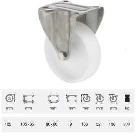   FXPN 1251 1100, Fix kerék, (poliamid) műanyag futófelület, rozsdamentes villába szerelve, 125 mm, 200 kg teherbírás, talpas felfogatás