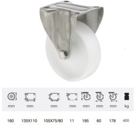   FXPN 1603 1100, Fix kerék, (poliamid) műanyag futófelület, rozsdamentes villába szerelve, 160 mm, 400 kg teherbírás, talpas felfogatás