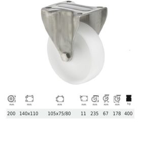   FXPN 2003 1100, Fix kerék, (poliamid) műanyag futófelület, rozsdamentes villába szerelve, 200 mm, 400 kg teherbírás, talpas felfogatás