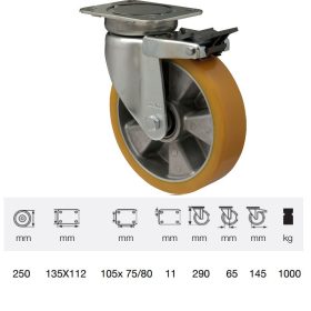   JBAU 2503 6550/B, Nagy teherbírású forgó-fékes kerék, poliuretán futófelület, horganyzott villába szerelve, 250 mm, 1000 kg teherbírás,