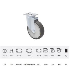   JDPC_0751_5000 Forgó kerék, elektromosan vezető, 75 mm, 60 kg teherbírás, talplemezes felfogatás