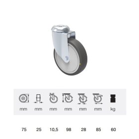   JDPC_0755_5000 Forgó kerék, elektromosan vezető, 75 mm, 60 kg teherbírás, furatos felfogatás