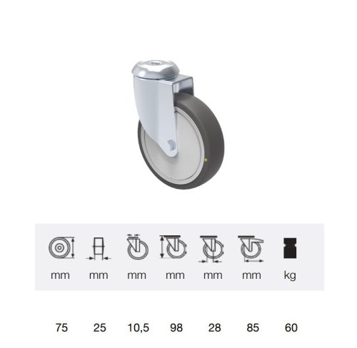 JDPC_0755_5000 Forgó kerék, elektromosan vezető, 75 mm, 60 kg teherbírás, furatos felfogatás