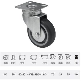   JDPE 0501 1001, Forgó kerék, 50 mm, 40 kg teherbírás, talpas felfogatás