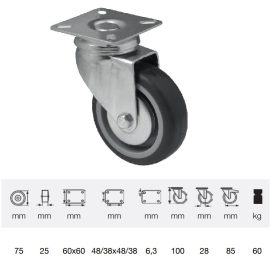   JDPE 0751 1001, Forgó kerék, 75 mm, 60 kg teherbírás, talpas felfogatás