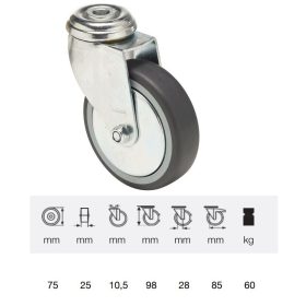   JDPE 0755 1001, Forgó kerék, 75 mm, 60 kg teherbírás, furatos felfogatás