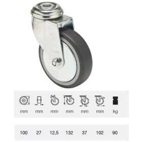   JDPE 1005 1001, Forgó kerék, 100 mm, 90 kg teherbírás, furatos felfogatás
