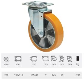   JHAU 2003 6440, Nagy teherbírású forgó kerék, poliuretán futófelület, horganyzott villába szerelve, 200 mm, 700 kg teherbírás,