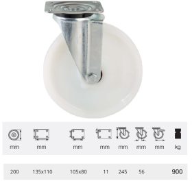   JHPN 2003 6100, Nagy teherbírású forgó kerék, (poliamid) műanyag futófelület, horganyzott villába szerelve, 200 mm, 900 kg teherbírás