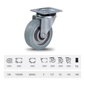   JPAG 1001 6150, Forgó kerék, horganyzott villába szerelve, szürke nyommentes tömörgumi futófelülettel, 100 mm, 180 kg, talpas felfogatás