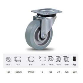   JPAG 1251 6150, Forgó kerék, horganyzott villába szerelve, szürke nyommentes tömörgumi futófelülettel, 125 mm, 200 kg, talpas felfogatás